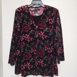LAURA SCOTT Floral Velvet Layered Long Sleeve Cardigan‎ sz 16/18W Black/Burgundy